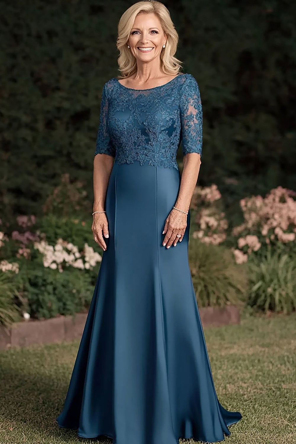 Dark Blue Mermaid Round Neck Long Lace Mother of the Bride Dress