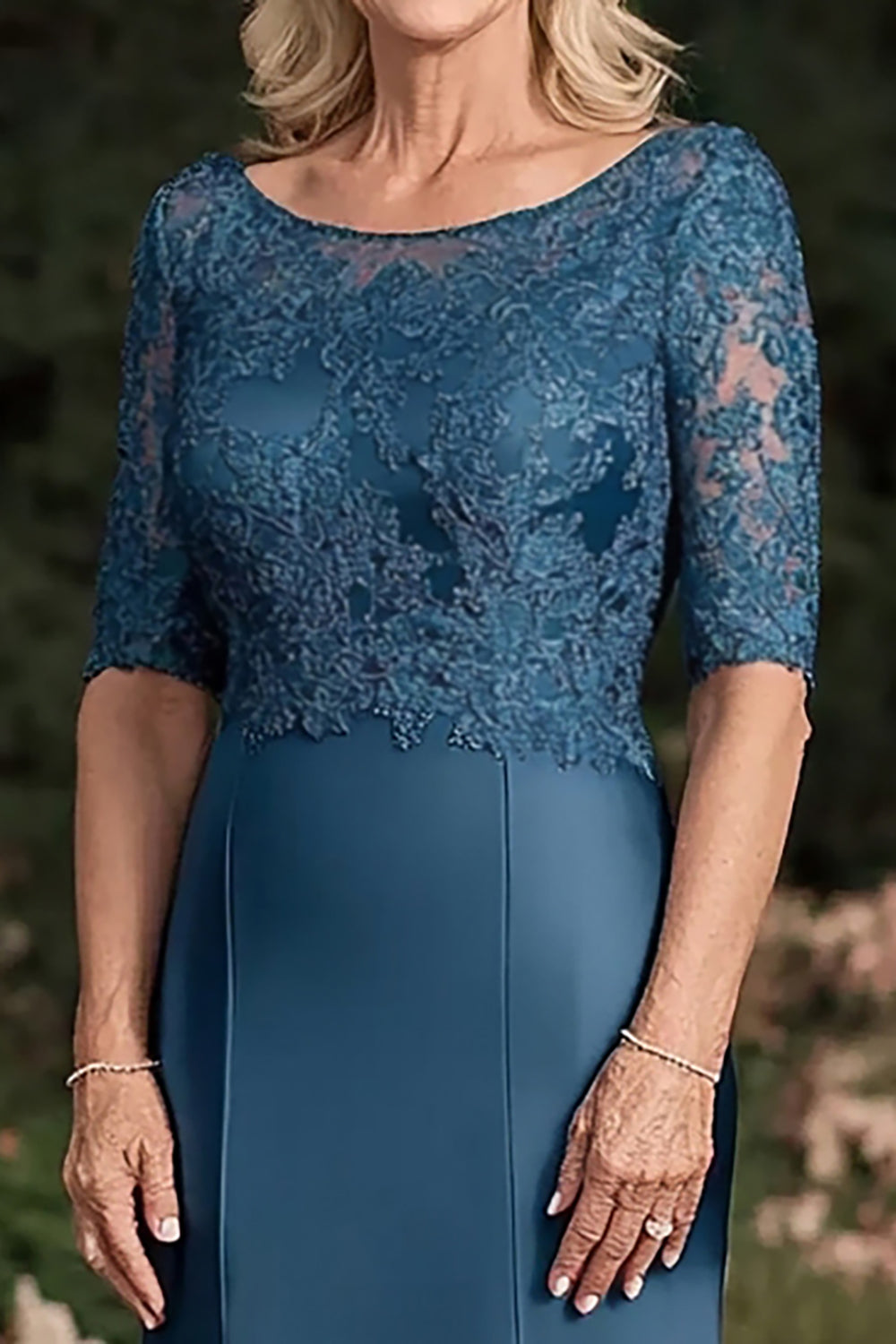 Dark Blue Mermaid Round Neck Long Lace Mother of the Bride Dress