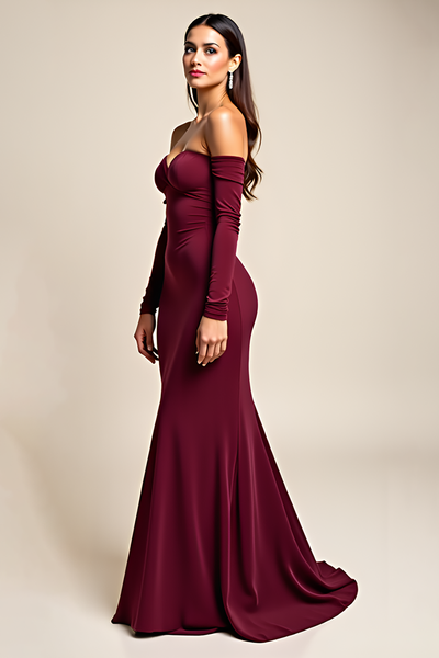 Fashion Off Shoulder Long Tight Mermaid Burgundy Formal Dress main image 0