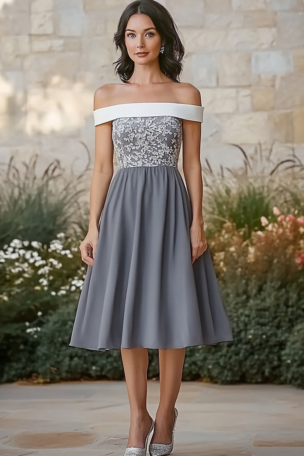 Off The Shoulder A Line Lace Grey Midi Mother of the Bride Dress