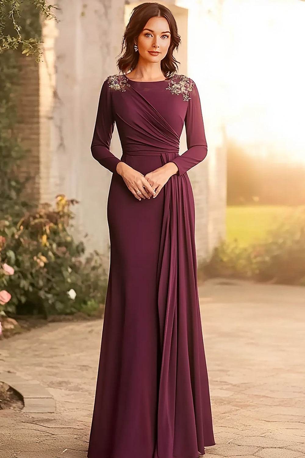 Burgundy Long Sleeve Sheath Mother of the Bride Dress