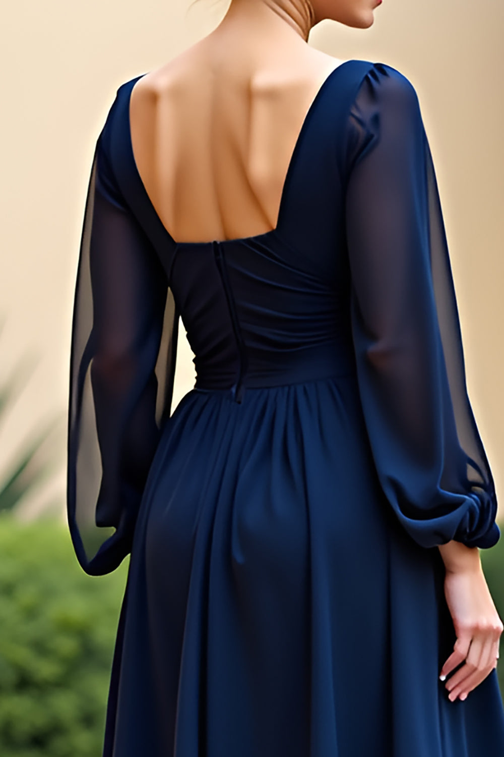 Long Sleeve Navy A Line Ruched Midi Wedding Guest Dress