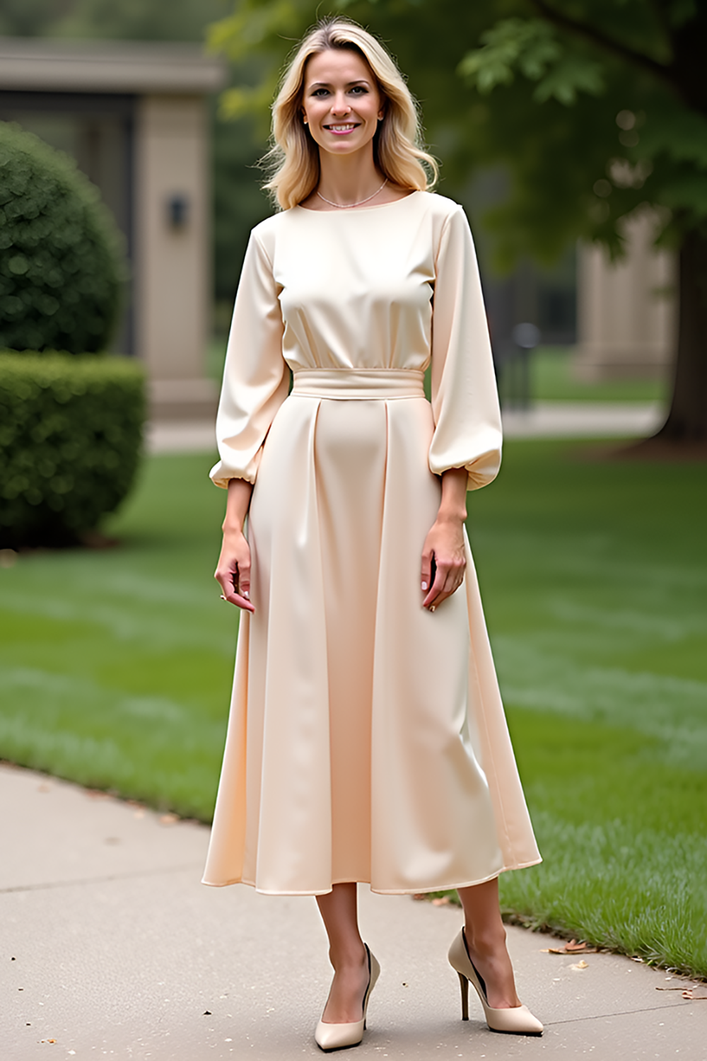Champagne A Line Tea-Length Mother of the Bride Dress with Long Sleeves