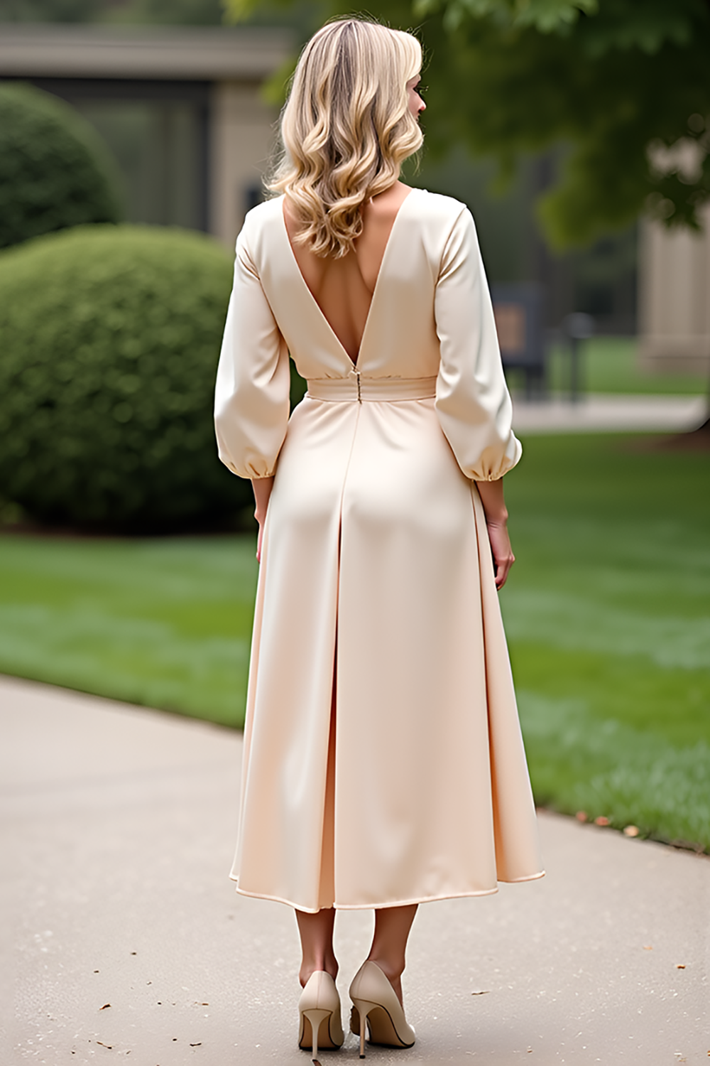 Champagne A Line Tea-Length Mother of the Bride Dress with Long Sleeves