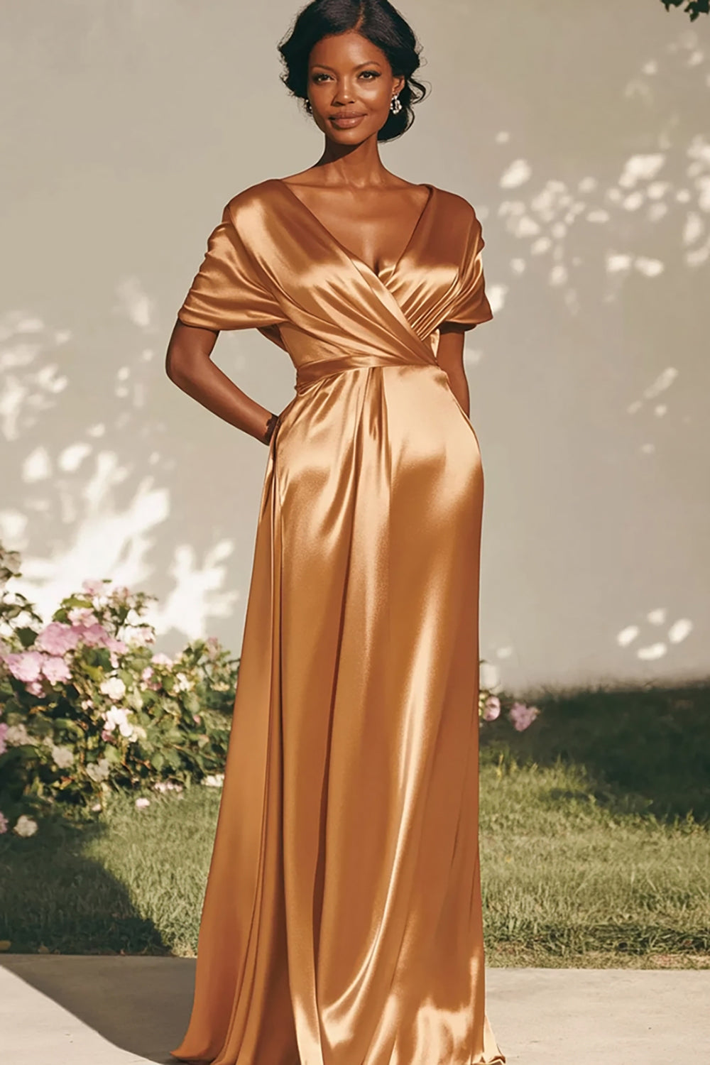 Gold V-Neck Satin Long Formal Dress