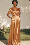 Gold V-Neck Satin Long Formal Dress