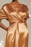 Gold V-Neck Satin Long Formal Dress