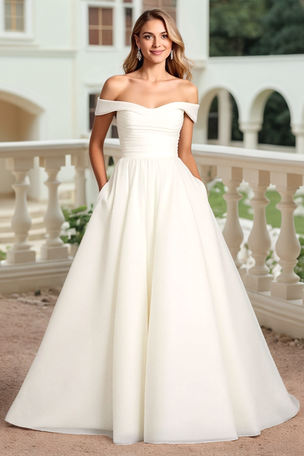 Ivory Off The Shoulder Satin A Line Wedding Dress