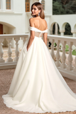 Ivory Off The Shoulder Satin A Line Wedding Dress