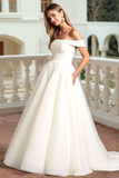 Ivory Off The Shoulder Satin A Line Wedding Dress