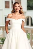 Ivory Off The Shoulder Satin A Line Wedding Dress