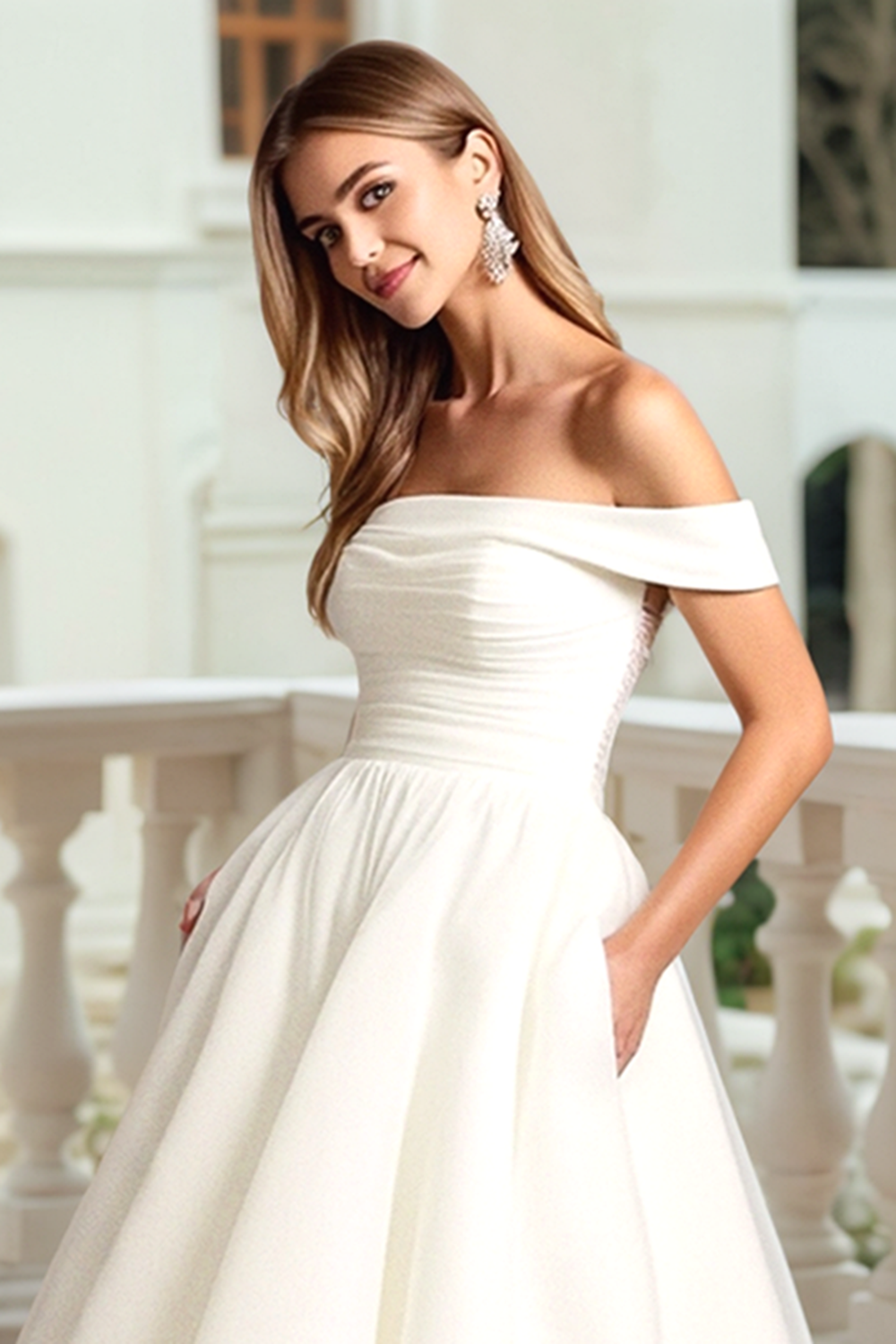 Ivory Off The Shoulder Satin A Line Wedding Dress