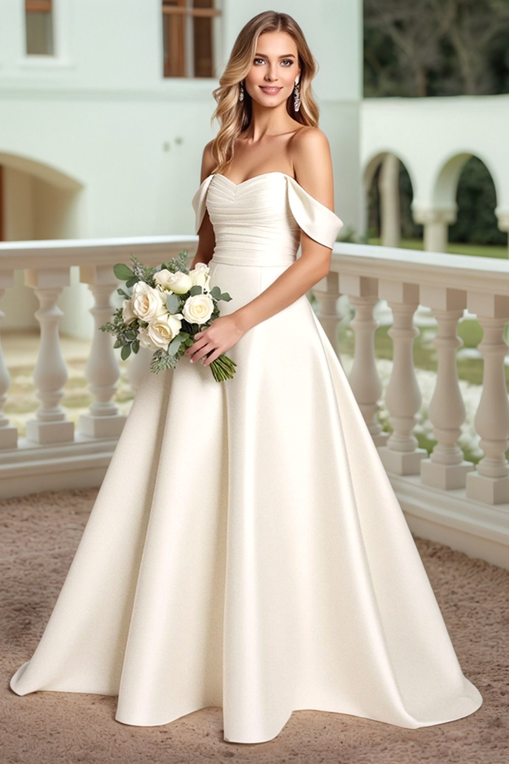Stylish Off The Shoulder Satin Ivory Wedding Dress With Bows