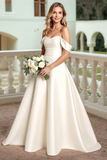 Stylish Off The Shoulder Satin Ivory Wedding Dress With Bows
