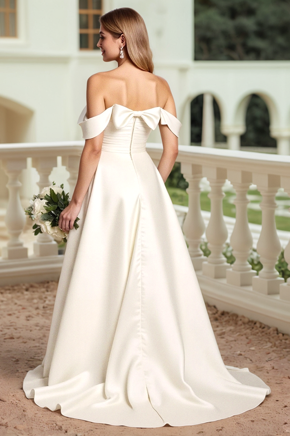 Stylish Off The Shoulder Satin Ivory Wedding Dress With Bows