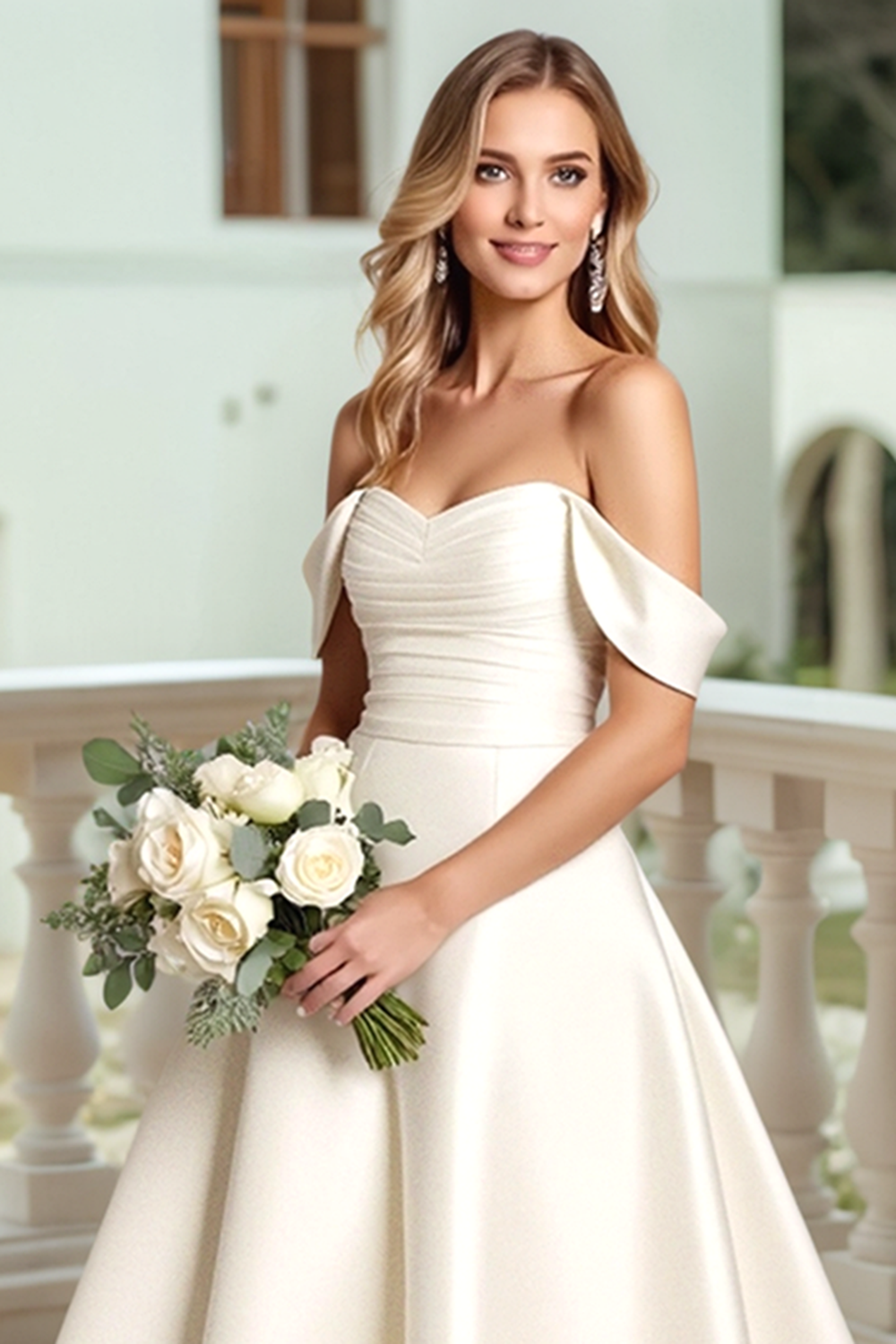 Stylish Off The Shoulder Satin Ivory Wedding Dress With Bows