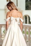 Stylish Off The Shoulder Satin Ivory Wedding Dress With Bows