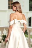 Stylish Off The Shoulder Satin Ivory Wedding Dress With Bows