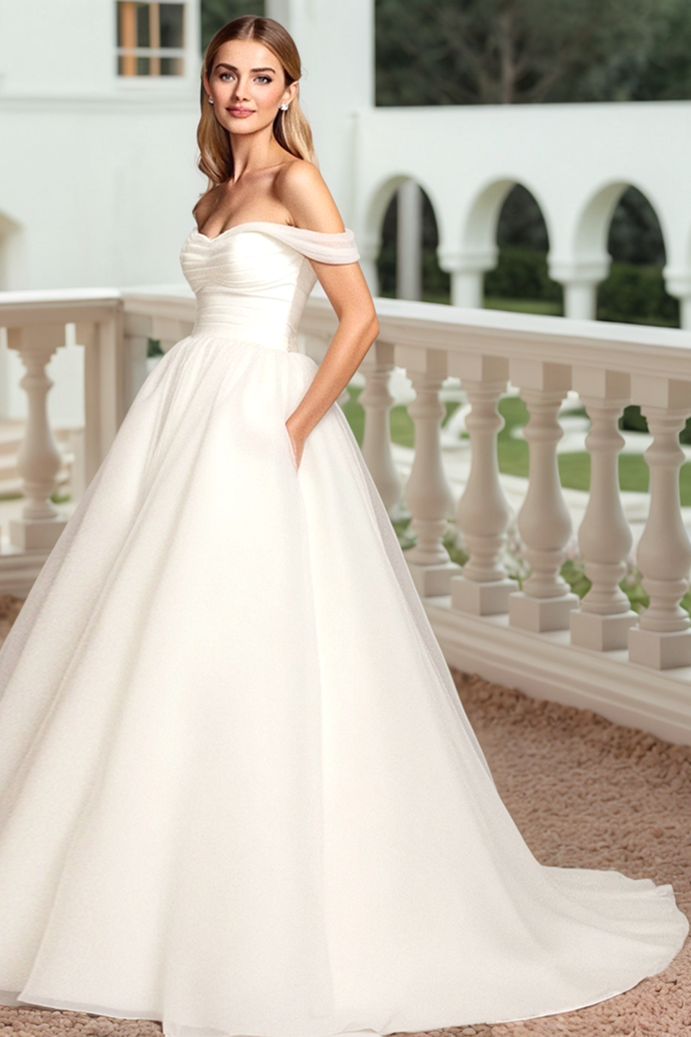 A Line Off The Shoulder Long White Wedding Dress
