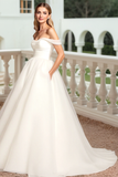 A Line Off The Shoulder Long White Wedding Dress