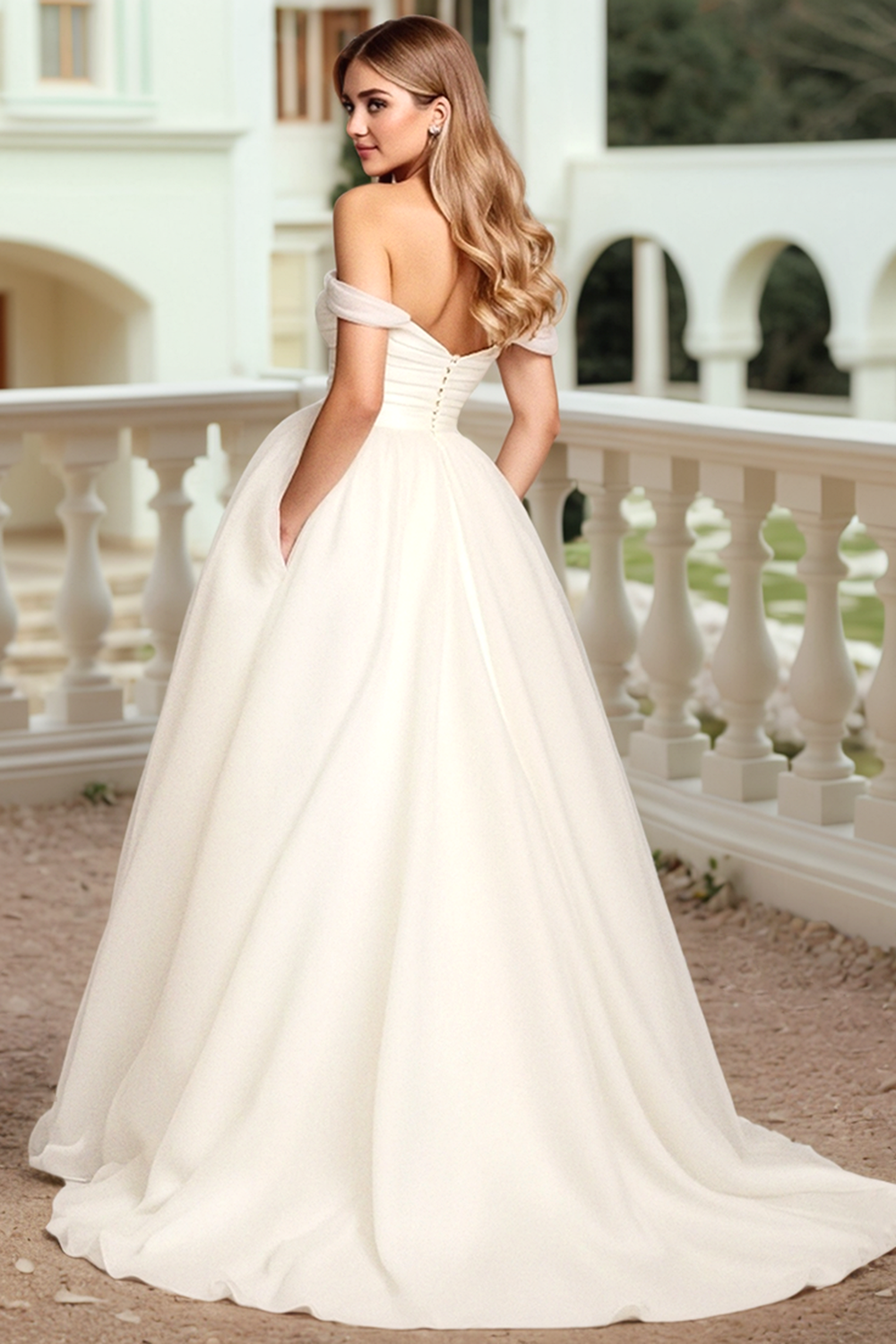 A Line Off The Shoulder Long White Wedding Dress