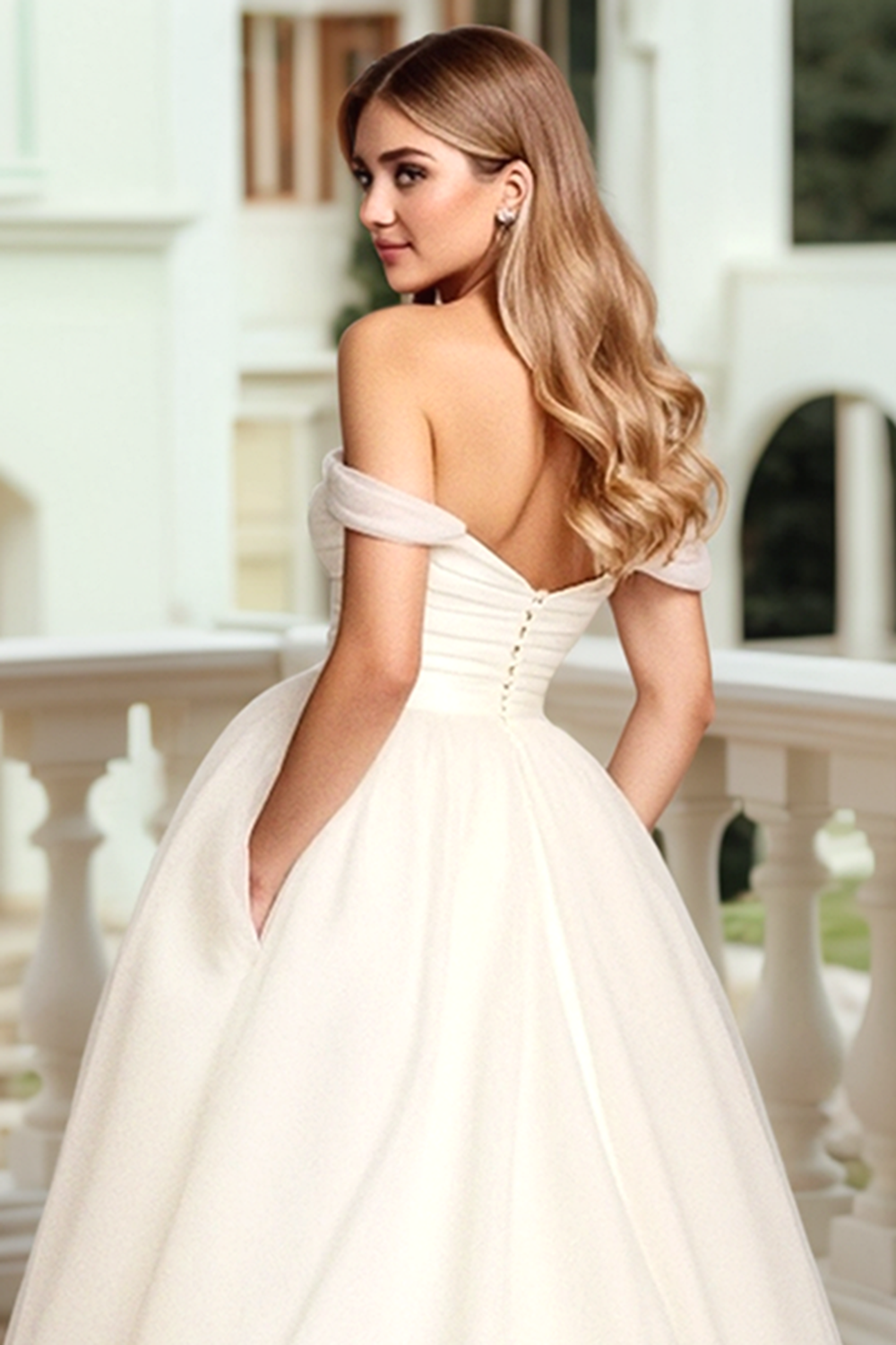 A Line Off The Shoulder Long White Wedding Dress