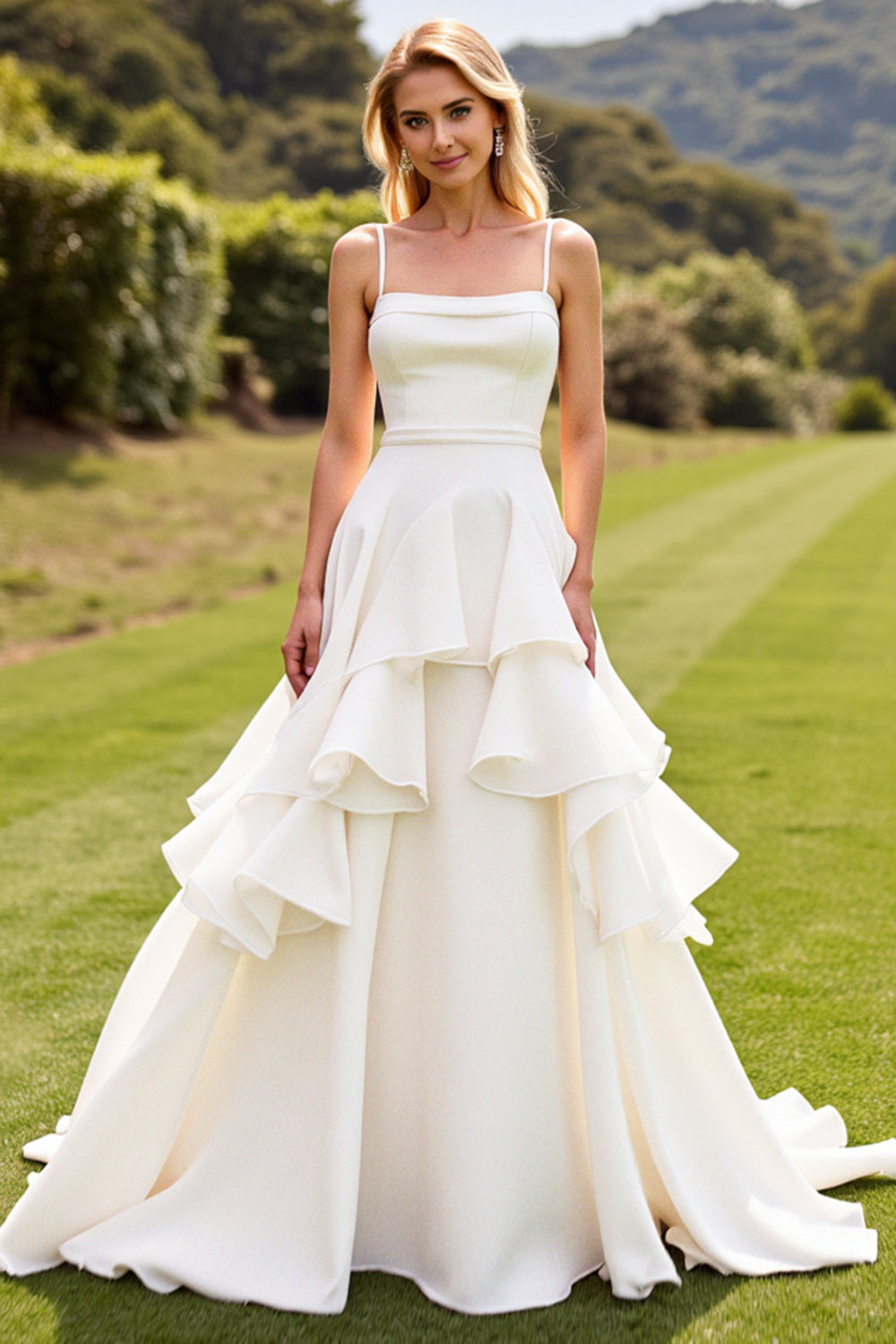 Ivory Spaghetti Straps Ruffled A Line Wedding Dress