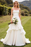 Ivory Spaghetti Straps Ruffled A Line Wedding Dress
