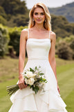 Ivory Spaghetti Straps Ruffled A Line Wedding Dress