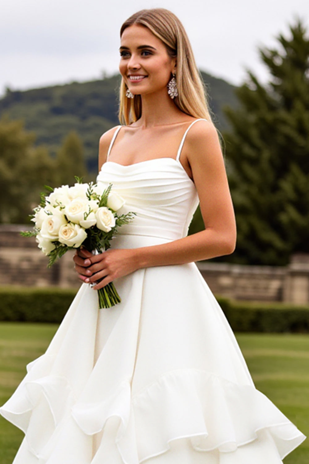 Ruffle A Line Long Ivory Wedding Dress