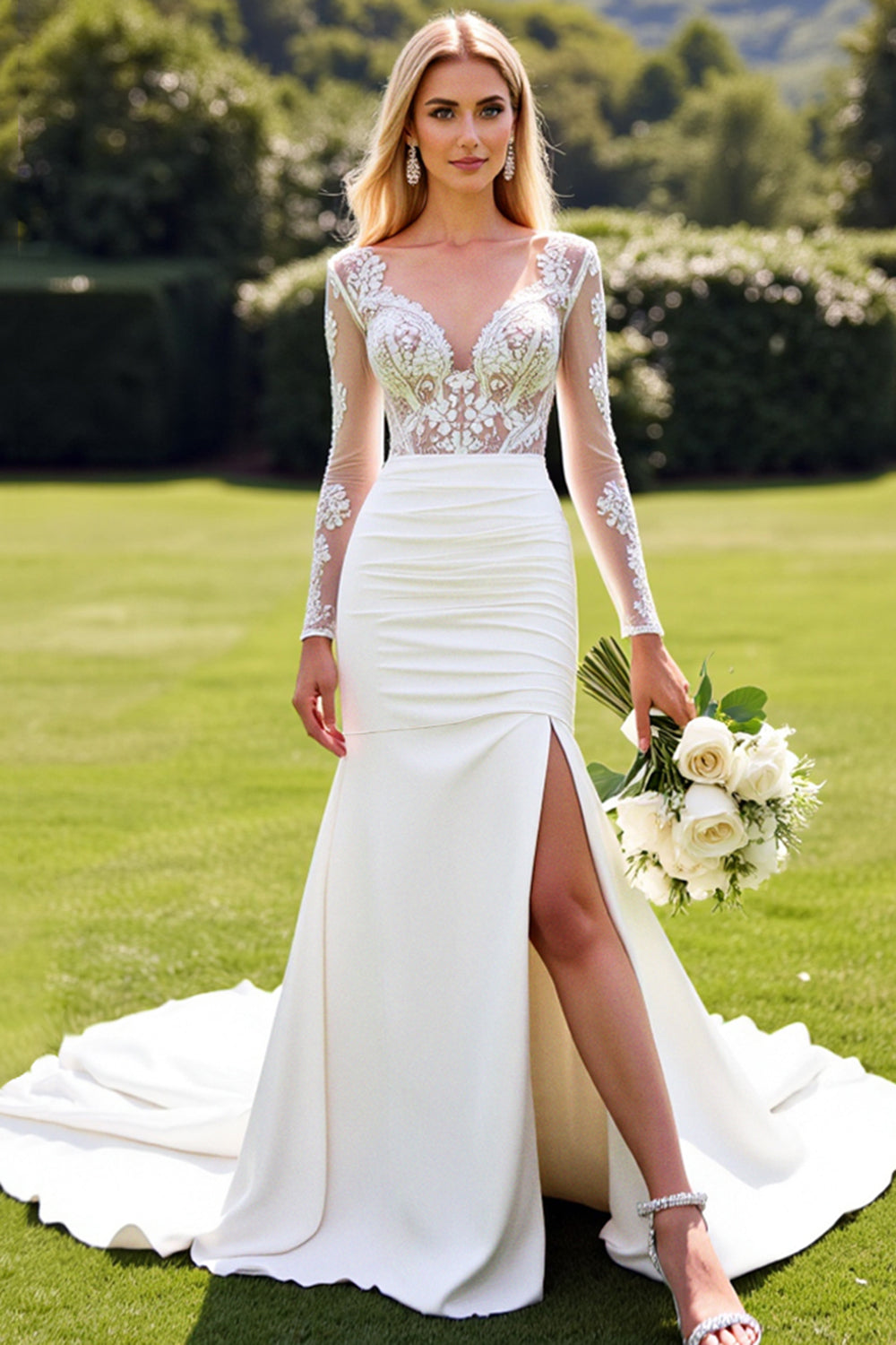 Lace Mermaid Ivory Long Sleeve Wedding Dress with Slit