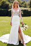 Lace Mermaid Ivory Long Sleeve Wedding Dress with Slit