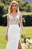 Lace Mermaid Ivory Long Sleeve Wedding Dress with Slit