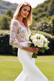 Lace Mermaid Ivory Long Sleeve Wedding Dress with Slit