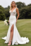 Ivory Lace Mermaid V Neck Wedding Dress with Slit