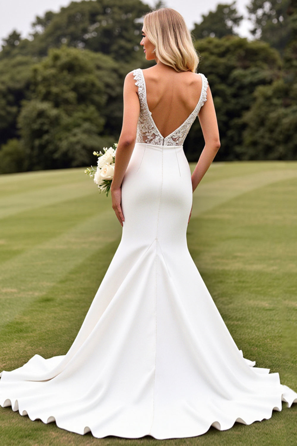 Ivory Lace Mermaid V Neck Wedding Dress with Slit