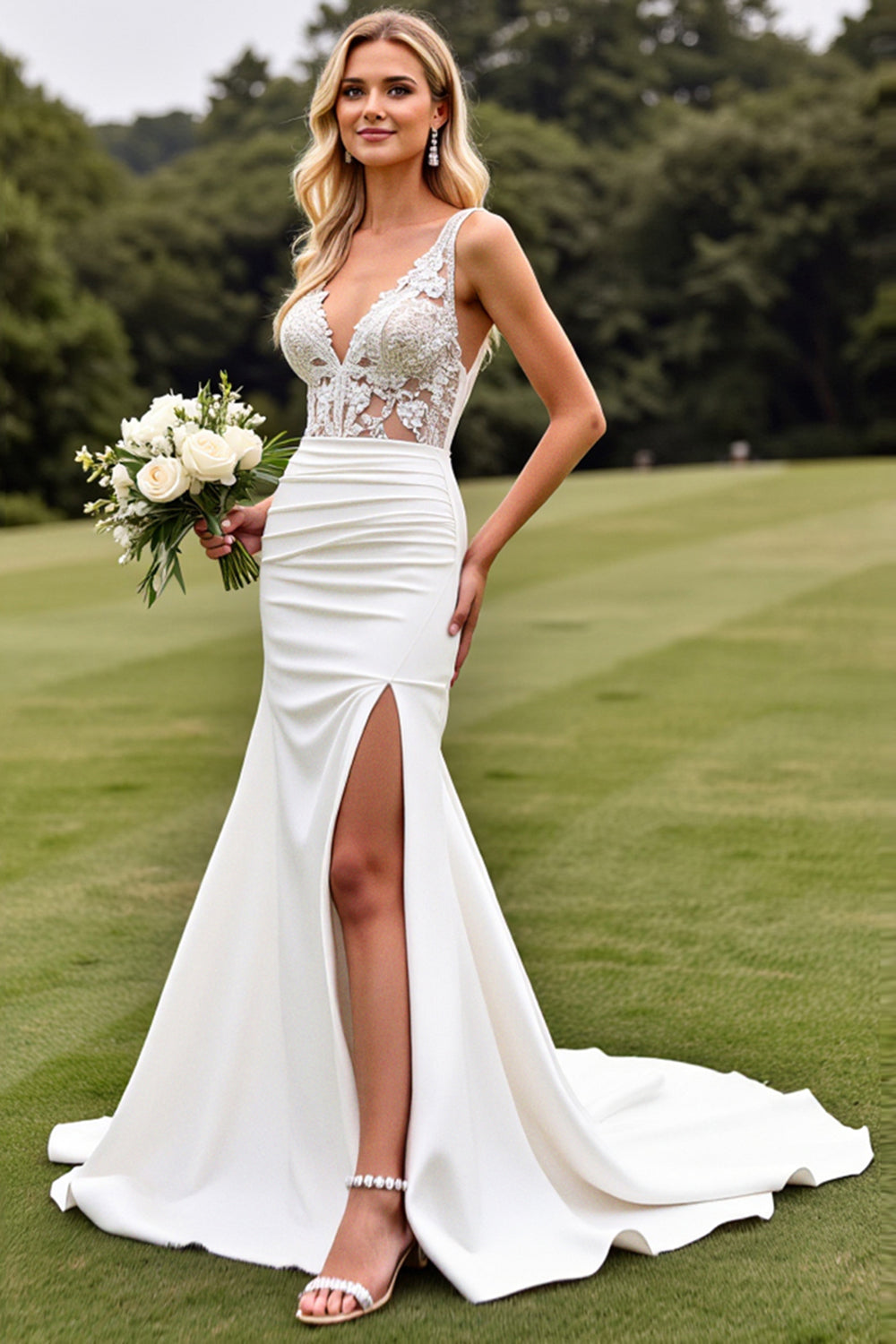 Ivory Lace Mermaid V Neck Wedding Dress with Slit
