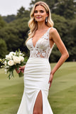 Ivory Lace Mermaid V Neck Wedding Dress with Slit