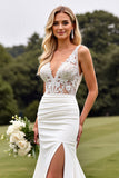 Ivory Lace Mermaid V Neck Wedding Dress with Slit