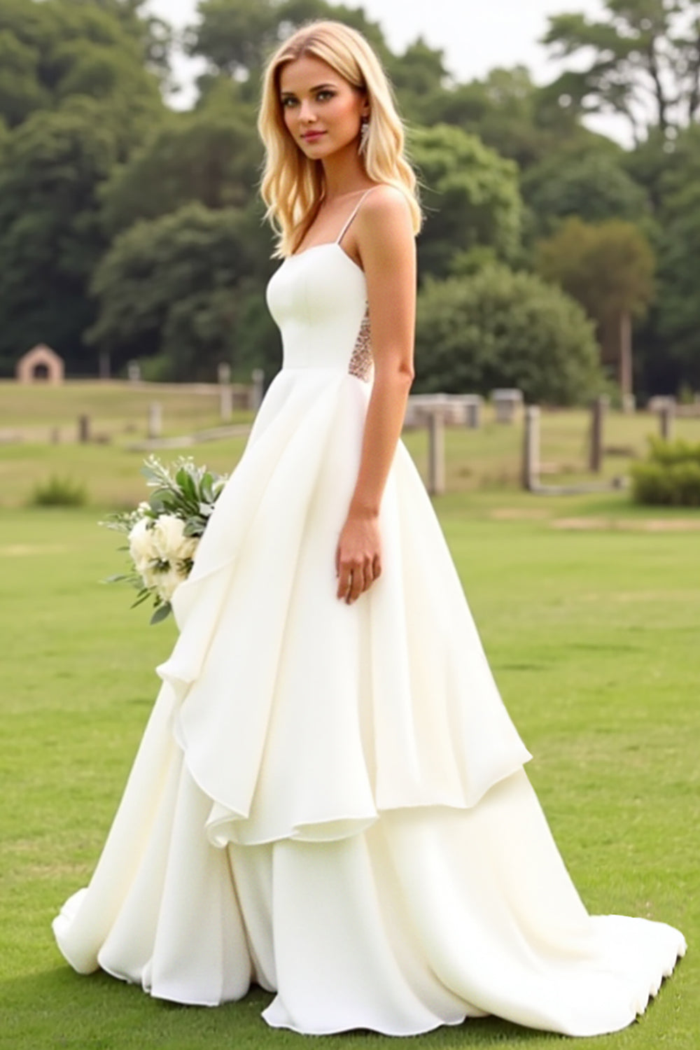 Ivory Ruffle Chiffon Long A Line Wedding Dress