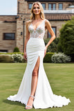 Lace Ivory V Neck Ruched Mermaid Wedding Dress with Slit