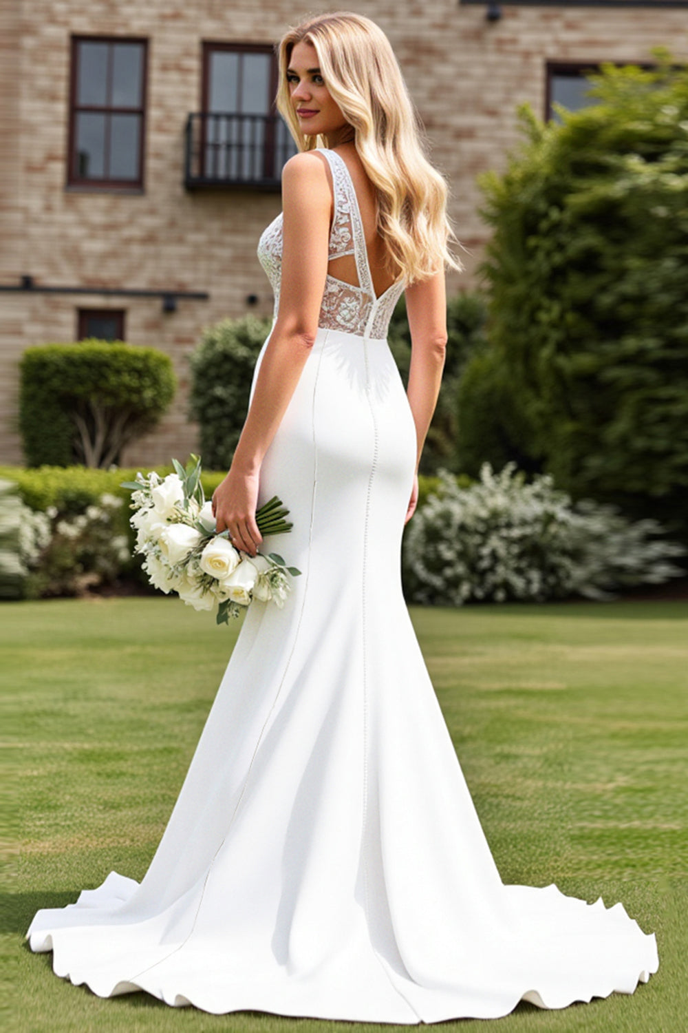 Lace Ivory V Neck Ruched Mermaid Wedding Dress with Slit