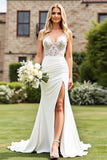 Lace Ivory V Neck Ruched Mermaid Wedding Dress with Slit