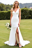 Simple Ivory Satin V Neck Mermaid Weddding Dress with Slit