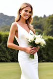 Simple Ivory Satin V Neck Mermaid Weddding Dress with Slit
