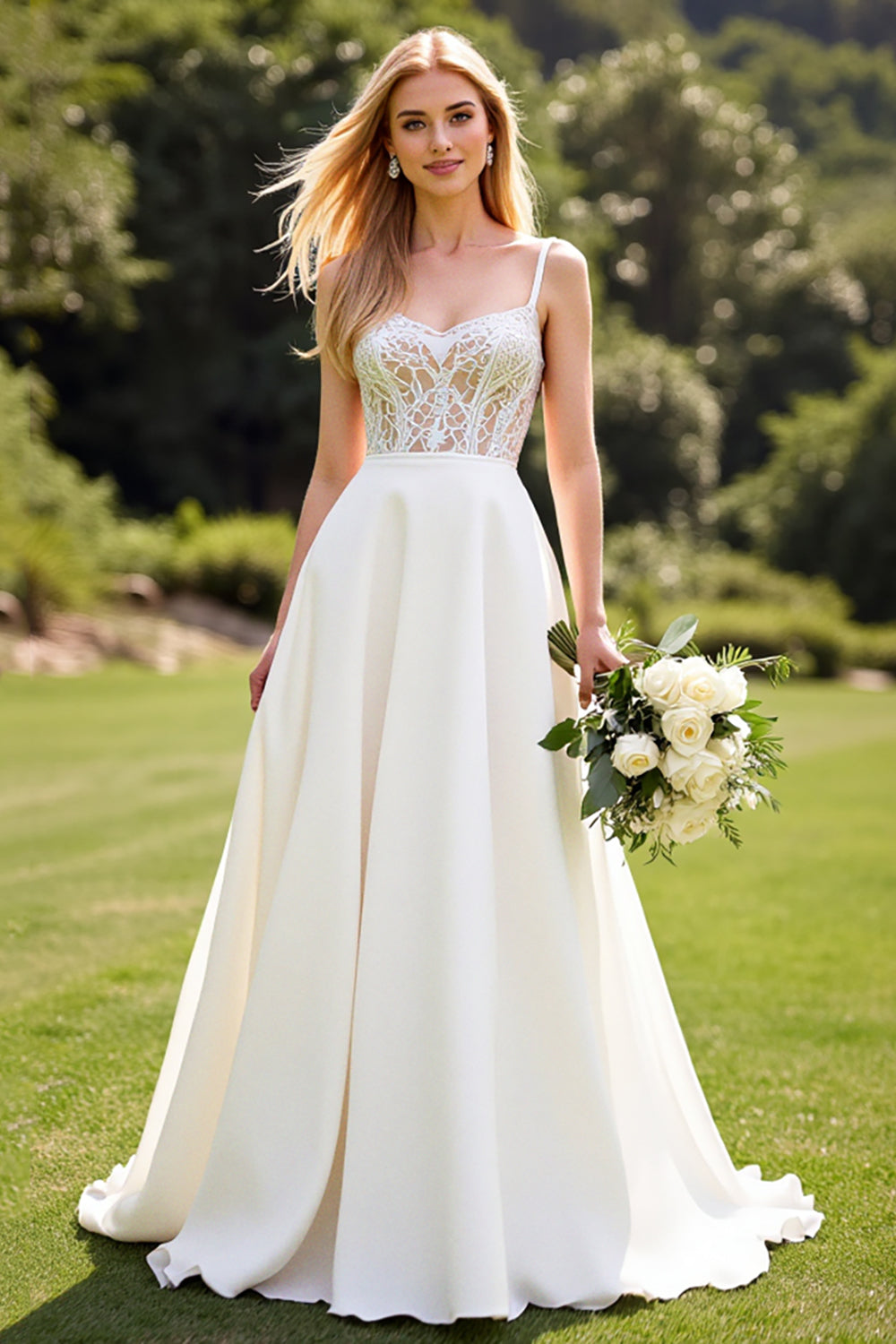 Ivory Chiffon Lace A Line Wedding Dress