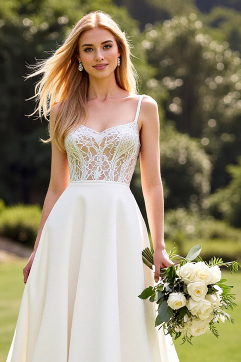 Ivory Chiffon Lace A Line Wedding Dress