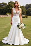 Ivory V-Neck Mermaid Wedding Dress With Lace