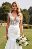 Ivory V-Neck Mermaid Wedding Dress With Lace