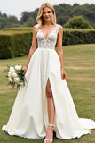 Ivory V-Neck A Line Lace Wedding Dress With Slit